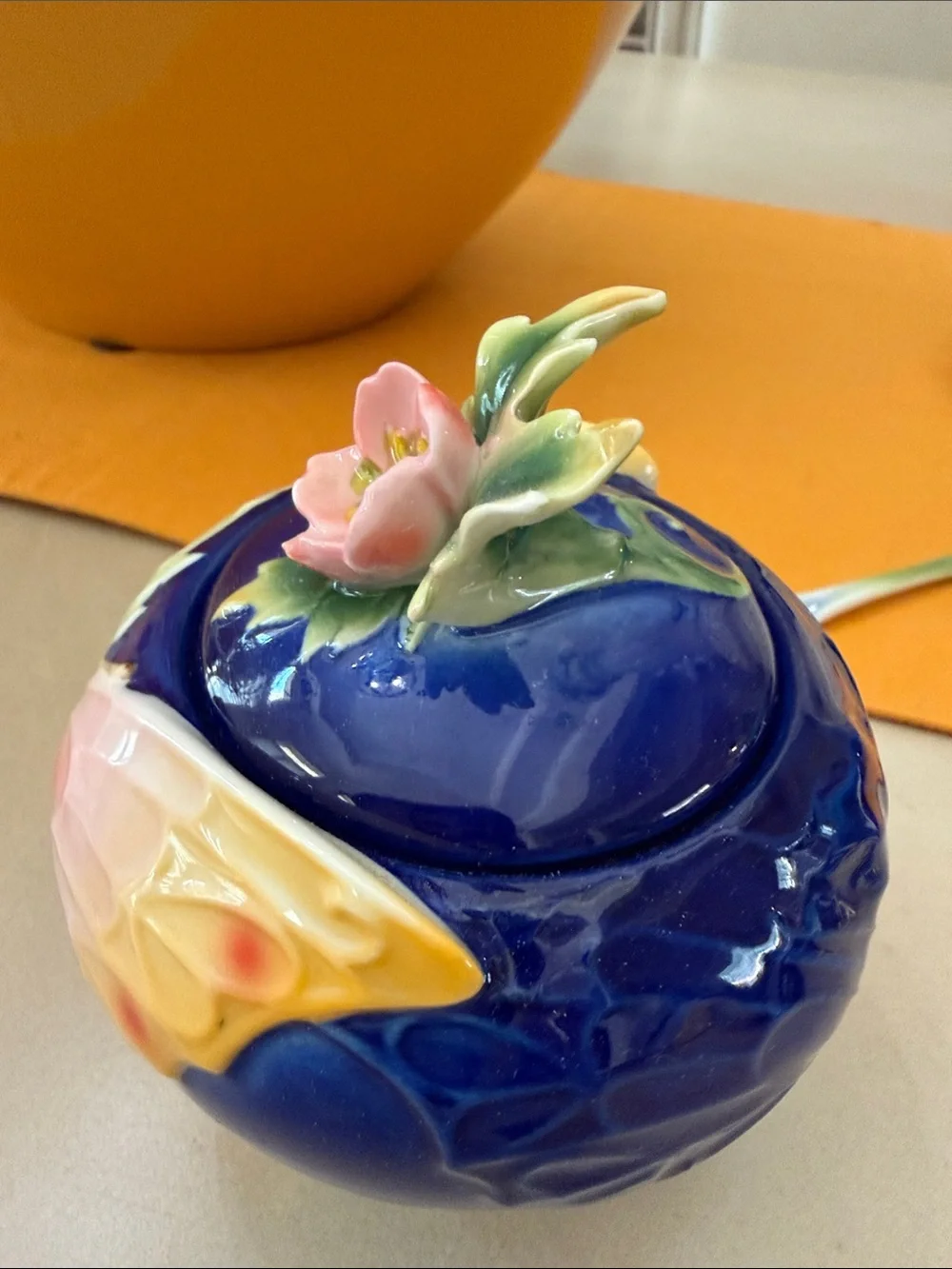 Pier 1 Blue Floral Ceramic Bowl with Pink Flower Chip Rest and Blue Spoon